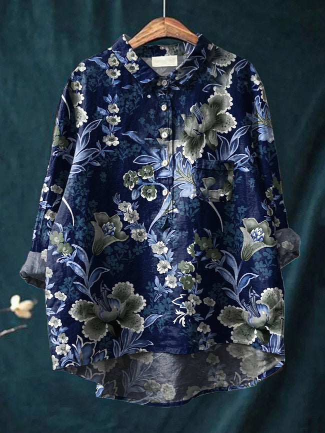 Women’s Floral Art Print Casual Cotton And Linen Shirt Multicolor / S