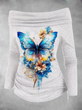 Women's Butterflies And Flowers Fall Art Print Off Shoulder Foldover Cinched Top