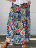 Women’s Vintage Lovely Floral Art Printed Linen Pocket Skirt Multicolor / S