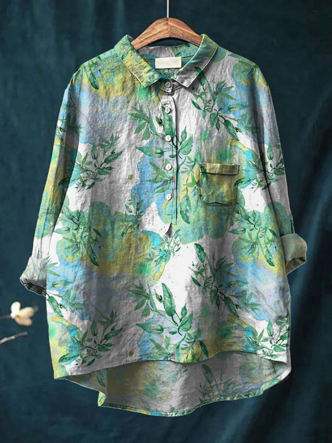 Women’s Flower Print Casual Cotton And Linen Shirt Multicolor / S