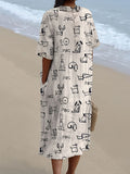 Women’s Cute Dog Print V Neck Vintage Linen Loose Dress