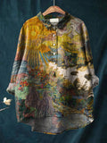 The Sunrise Oil Painting Art Printed Women’s Casual Cotton And Linen Shirt Multicolor / S