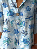 Ocean Blue Sea Creatures Pattern Printed Women’s Casual Cotton Linen Shirt