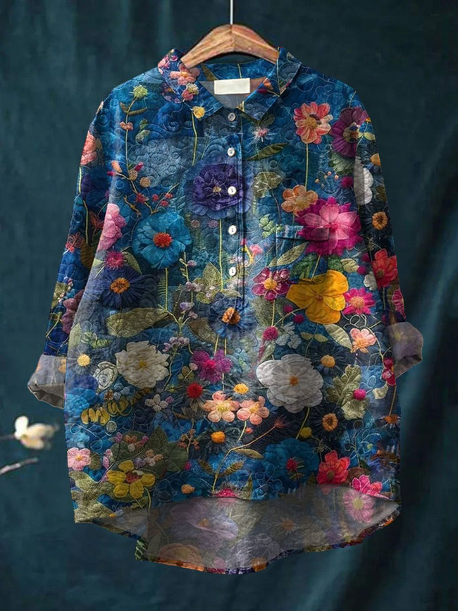 Women’s Vintage Flower Print Casual Cotton And Linen Shirt Multicolor / S