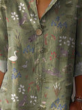 Spring Pond And Animal Pattern Printed Women’s Casual Cotton Linen Shirt