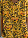 Women’s Vintage Lovely Sun Pattern Art Print Casual Cotton And Linen Shirt