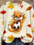 Women's Casual Cute Maple Fox Art Print Sweatshirt