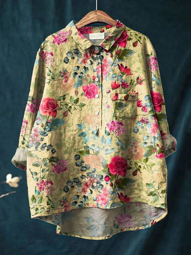 Women’s Floral Art Print Casual Cotton And Linen Shirt Multicolor / S