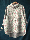 Sweet Pink Rose Repeat Pattern Printed Women’s Casual Cotton And Linen Shirt Multicolor / S