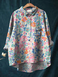 Lovely Spring Meadows Floral Pattern Printed Women’s Casual Cotton And Linen Shirt Multicolor / S