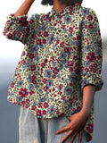 Women’s Retro Red And Blue Floral Print Casual Cotton And Linen Shirt