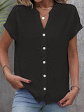 Women’s Solid Color Jacquard V-Neck Button Down Shirt Black / S