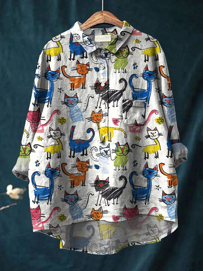 Women’s Kid Drawing Cat Art Print Casual Cotton And Linen Shirt Multicolor / S