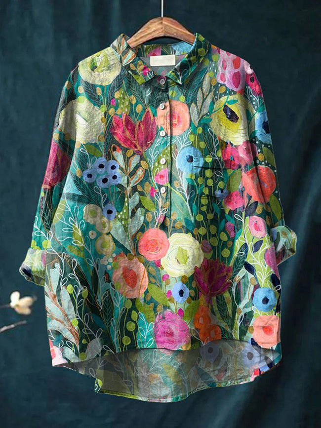 Women’s Flower Print Casual Cotton And Linen Shirt Multicolor / S