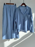 Women’s Solid Color Loose Elegant High Waist Casual Cotton And Linen Suit Blue / S