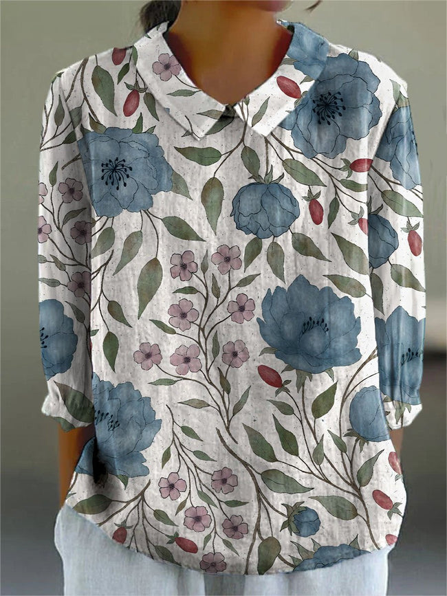 Women’s Retro Floral Print Casual Cotton And Linen 3/4 Sleeve Shirt Multicolor / S