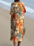 Women’s Orange Botanical Print Pocket Linen Dress（Convertible Dress With Front And Back Option）