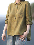 Women’s Lapel Neck Casual Solid Colour Cotton And Linen Long Sleeve Shirt