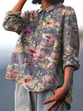 Women’s Retro Purple Floral Print Casual Cotton And Linen Shirt