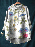 Women’s Vintage Floral Bird Art Print Casual Cotton And Linen Shirt Multicolor / S