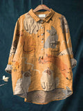 Vintage Lovely Cats Art Print Casual Cotton And Linen Shirt Multicolor / S