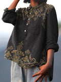 Symmetrical Delicate Floral Decorative Patterns Casual Cotton And Linen Shirt