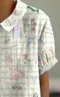 Women’s Cute Bunny Floral Print Casual Cotton And Linen Shirt