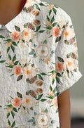 Women’s Fresh Hand-Painted Style Floral Pattern Printed Casual Cotton And Linen Shirt