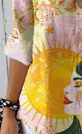 Women’s Retro Art Sun Print Casual Cotton And Linen Shirt