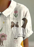 Women’s Cute Kitten Floral Print Casual Cotton And Linen Shirt