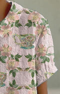 Women’s Retro Cute Water Cup Floral Pattern Printed Casual Cotton And Linen Shirt