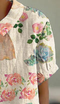 Women’s Retro Watercolor Rose Floral Print Casual Cotton And Linen Shirt