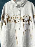 Women’s Cute Dog Art Print Casual Cotton And Linen Shirt