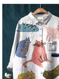 Women’s Cute Cat Art Print Casual Cotton And Linen Shirt