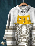 Women’s Cat Print Casual Cotton And Linen Shirt