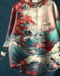 Women’s Japanese Art Print Casual Cotton And Linen Shirt