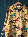 Horse Art Printed Women’s Casual Cotton And Linen Shirt