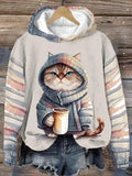 Cute Winter Cat Drinks Coffee Art Pattern Print Casual Sweatshirt