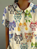 Women’s Cute Cat Print Casual Cotton And Linen Shirt