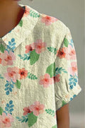 Women’s Cute Watercolor Style Floral Print Casual Cotton And Linen Shirt