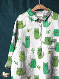 Women’s Cactus Cat Print Casual Cotton And Linen Shirt