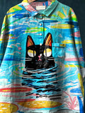 Women’s Black Cat Art Print Casual Cotton And Linen Shirt