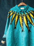 Women’s Fish Sardines Print Casual Cotton And Linen Shirt