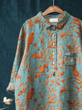 Vintage Bird Flower Art Print Casual Cotton And Linen Shirt