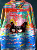 Women’s Black Cat Art Print Casual Cotton And Linen Shirt