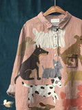 Women’s Cute Dog Art Print Casual Cotton And Linen Shirt