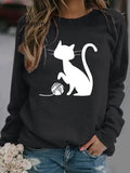 Round Neck Casual Loose Cat Print Sweatshirt Black / Xs