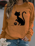 Round Neck Casual Loose Cat Print Sweatshirt Dark Brown / Xs