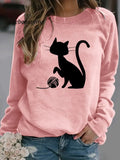 Round Neck Casual Loose Cat Print Sweatshirt Pink / Xs