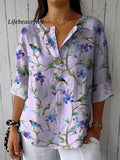 Watercolor Summer Bird And Floral Pattern Printed Women’s Casual Cotton Linen Shirt Multicolor / S